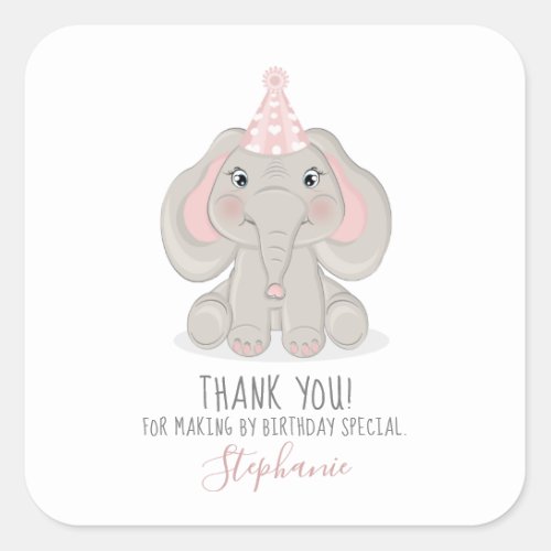 Elephant in Birthday Party Hat Square Sticker