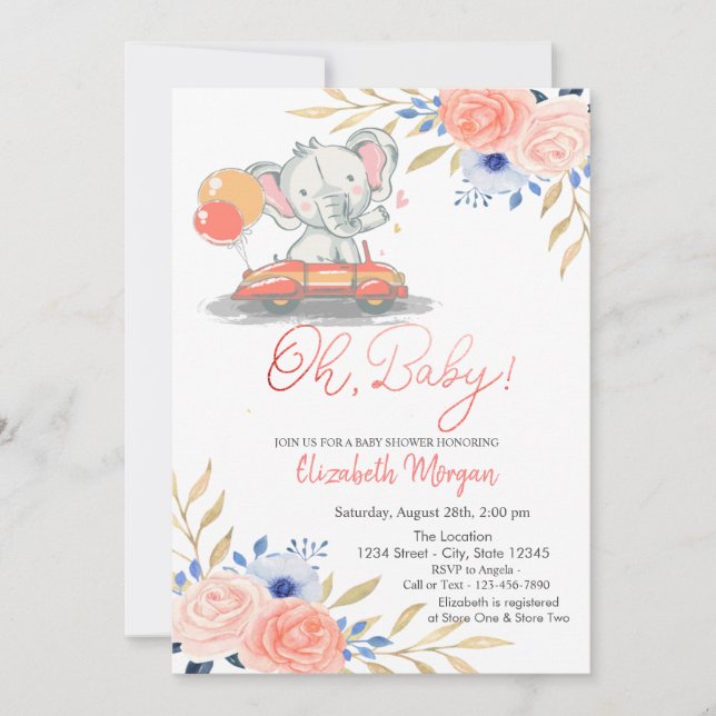 Elephant In Car,Balloons Floral Baby Shower Invitation (Front)