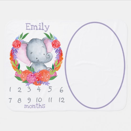 Elephant in Floral Wreath Girls Name Milestone Baby Blanket