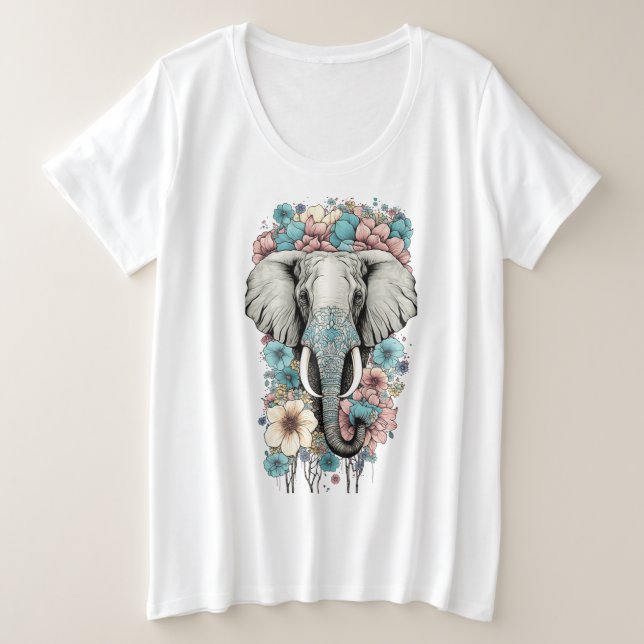 Elephant in Flower Plus Size T-Shirt (Design Front)