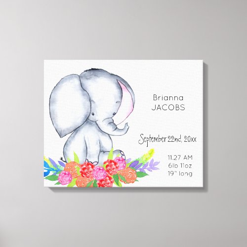 Elephant in Flowers Baby Girl Birth Record Stats Canvas Print