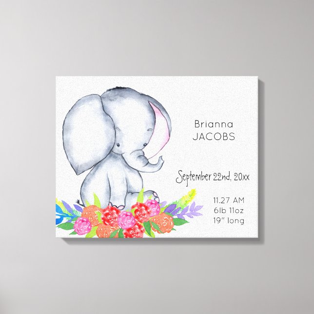 Elephant in Flowers Baby Girl Birth Record Stats Canvas Print (Front)