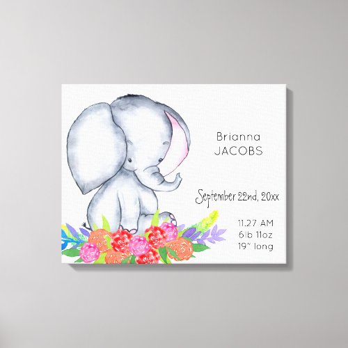 Elephant in Flowers Baby Girl Birth Record Stats Canvas Print