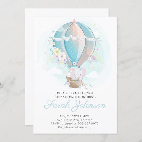 Elephant in Hot Air Balloon Baby Shower Invitation