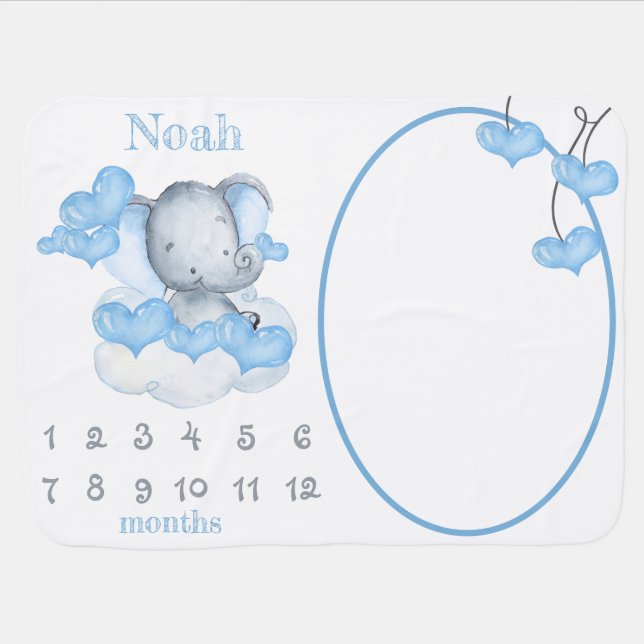 Elephant in Love Hearts Boy's Name Milestone Baby Blanket (Horizontal)