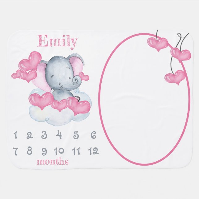 Elephant in Love Hearts Girl's Name Milestone Baby Blanket (Horizontal)