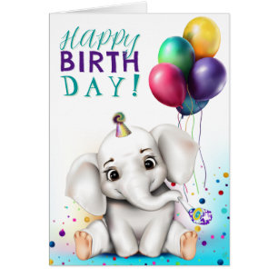 Elephant in Party Hat Birthday Cards