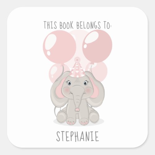 Elephant in Party Hat This Book Belongs to  Square Square Sticker