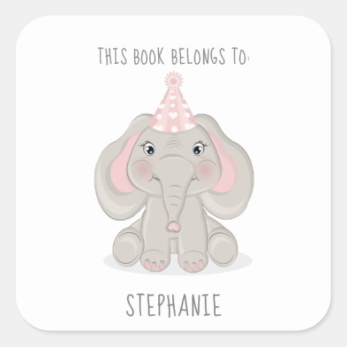 Elephant in Party Hat This Book Belongs to  Square Sticker