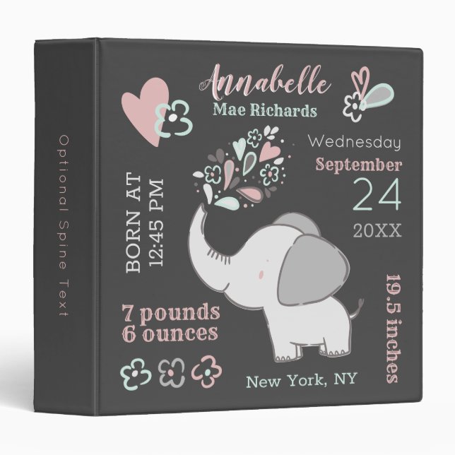 Elephant in Pink & Gray Baby Birth Stats Keepsake 3 Ring Binder (Front/Spine)