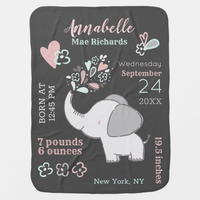 Elephant in Pink & Gray Baby Birth Stats Keepsake Baby Blanket (Front)