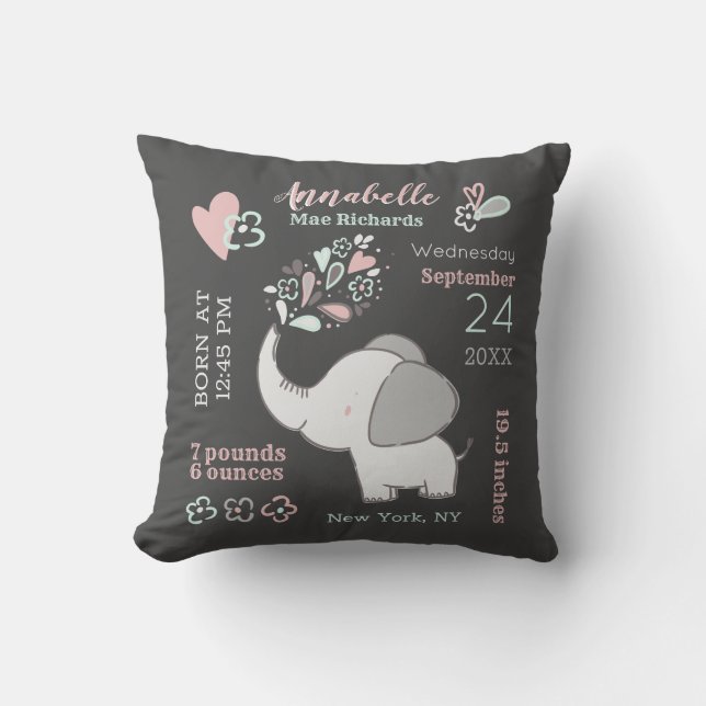 Elephant in Pink & Gray Baby Birth Stats Keepsake Throw Pillow (Front)