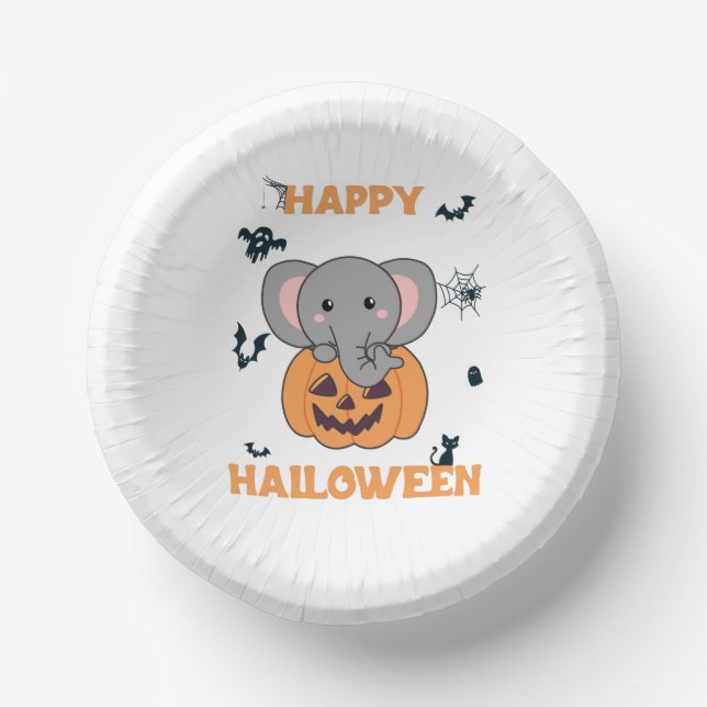 Elephant In Pumpkin Cute Elephant Happy Halloween Paper Bowls (Front)