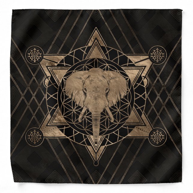 Elephant in Sacred Geometry - Black and gold Bandana (Front)