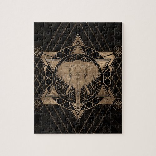 Elephant in Sacred Geometry _ Black and gold Jigsaw Puzzle
