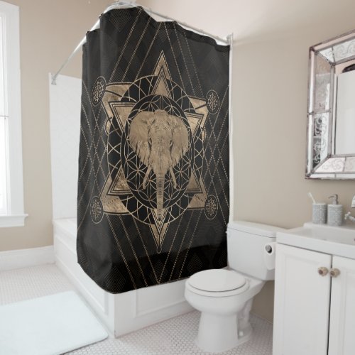 Elephant in Sacred Geometry _ Black and gold Shower Curtain