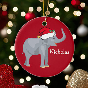 Elephant in Santa Hat Cute Custom Kids Christmas Ceramic Ornament