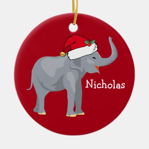 Elephant in Santa Hat Cute Custom Kids Christmas Ceramic Ornament