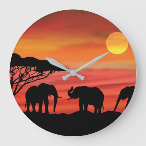 Elephant in the Serengeti Sunset Large Clock
