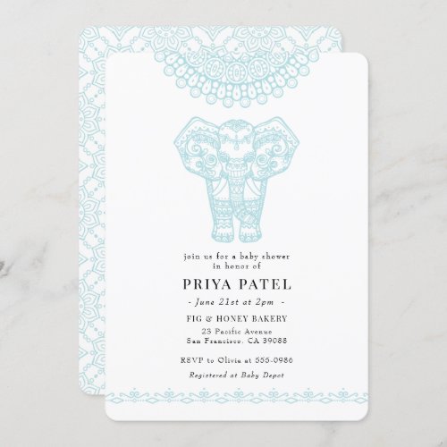 Elephant Indian Blue Baby Shower Invitation