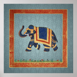 Elephant indian blue grey red gold Poster