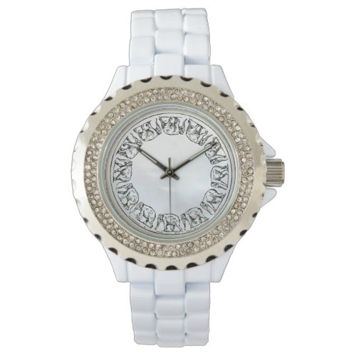 Elephant Ink Illustration on White Faux Shell Wristwatch