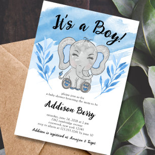 Elephant It's a Boy Blue Baby Shower Invitation