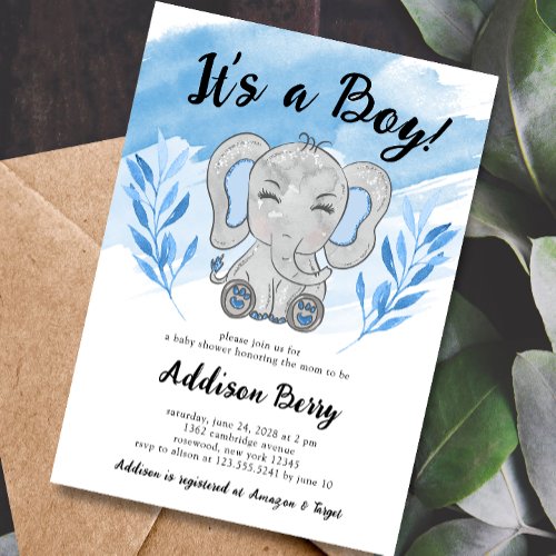 Elephant Its a Boy Blue Baby Shower Invitation