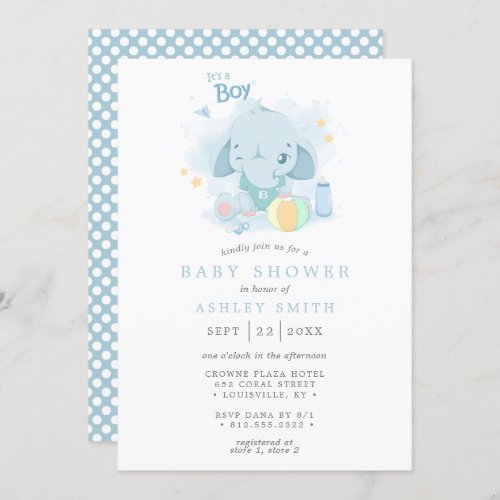 Elephant Its A Boy Cute Watercolor Baby Shower Invitation