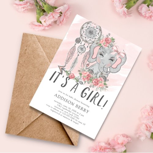 Elephant Its a Girl Boho Chic Baby Shower Invitation