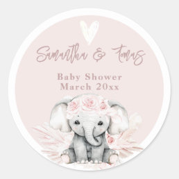 Elephant it&#39;s a girl Boho Floral Pink Baby Shower Classic Round Sticker