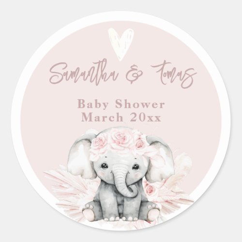 Elephant its a girl Boho Floral Pink Baby Shower Classic Round Sticker