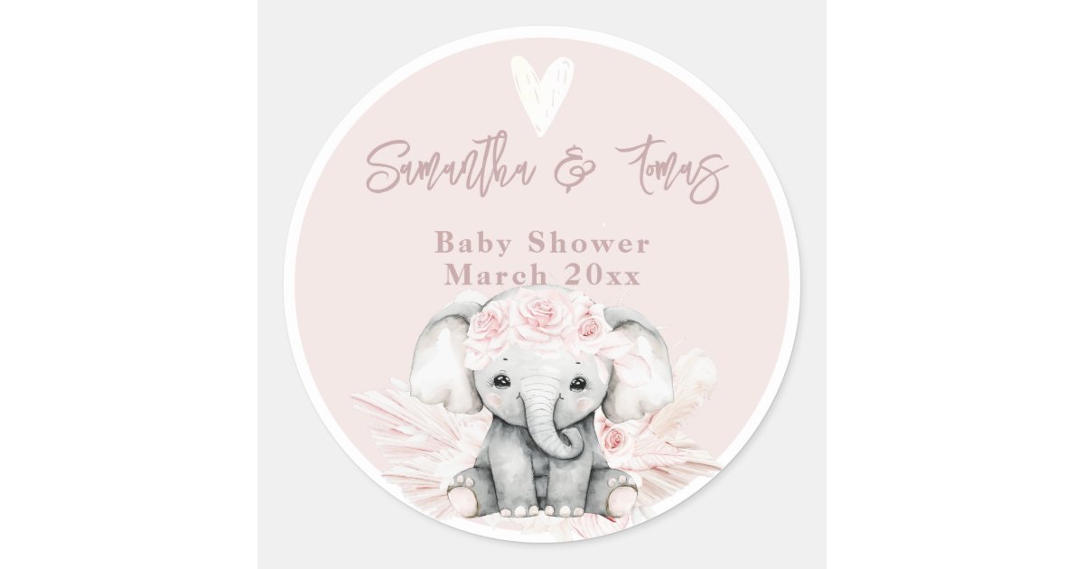 Elephant it's a girl Boho Floral Pink Baby Shower Classic Round Sticker ...