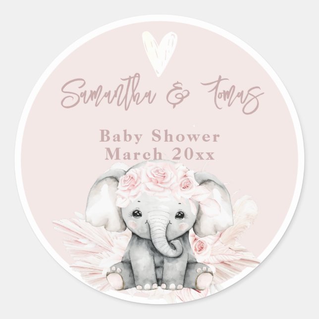 Elephant it's a girl Boho Floral Pink Baby Shower Classic Round Sticker (Front)
