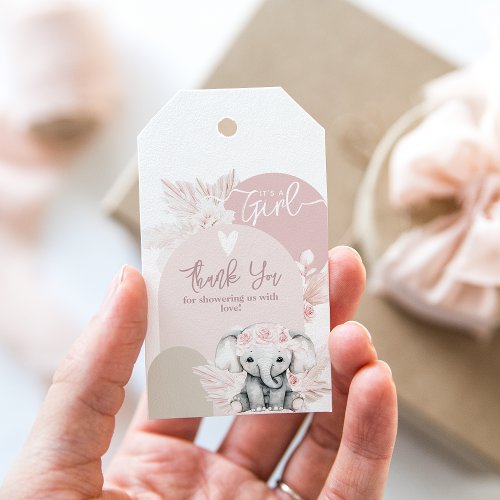 Elephant its a girl Boho Floral Pink Baby Shower Gift Tags