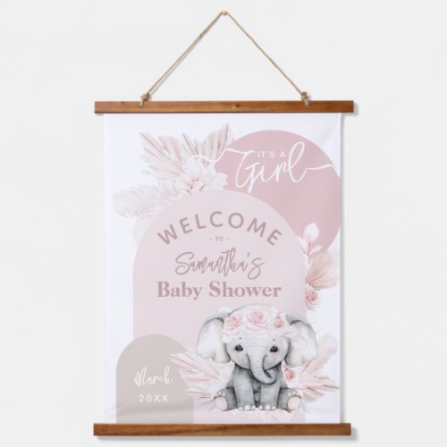 Elephant its a girl Boho Floral Pink Baby Shower Hanging Tapestry