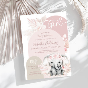 Cute Elephant Pink Baby Shower Invitation Details Card 