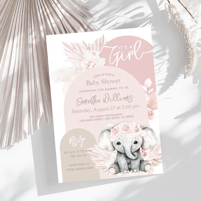 Elephant It's a Girl Boho Floral Pink Baby Shower Invitation | Zazzle