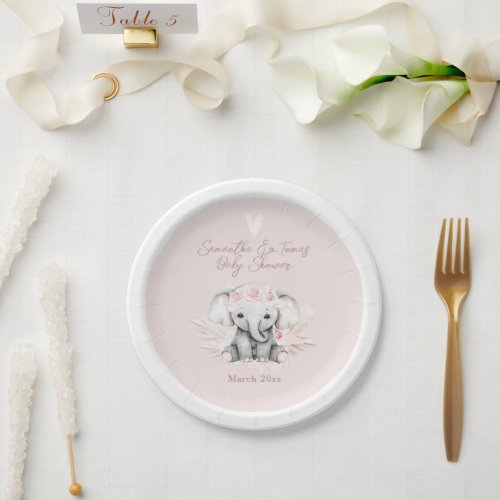 Elephant its a girl Boho Floral Pink Baby Shower Paper Plates