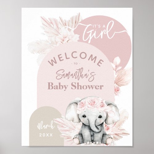 Elephant its a girl Boho Floral Pink Baby Shower Poster
