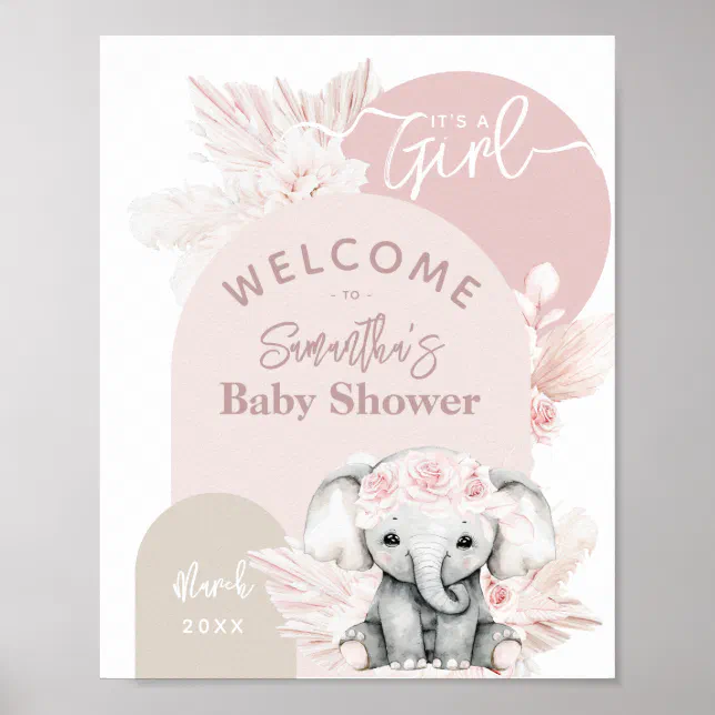 Elephant it's a girl Boho Floral Pink Baby Shower Poster | Zazzle