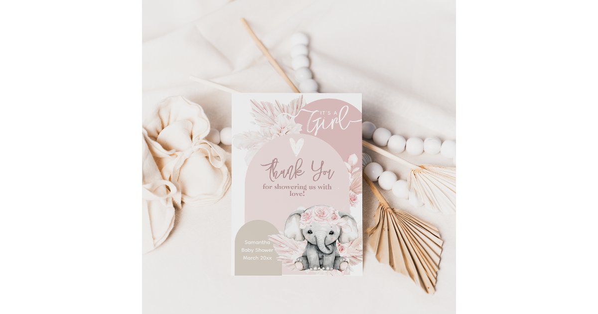 Elephant it's a girl Boho Floral Pink Baby Shower Thank You Card | Zazzle