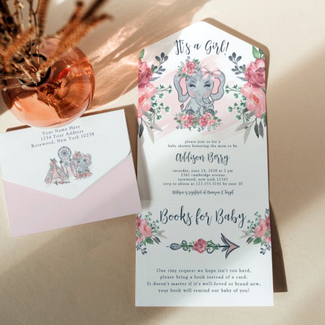 Elephant It's a Girl Pink Baby Shower All In One Invitation (Creator Uploaded)
