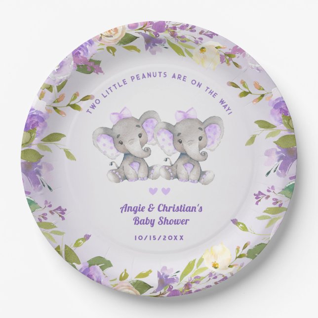 Elephant It's Twin Girls Baby Shower Sprinkle Cute Paper Plates (Front)