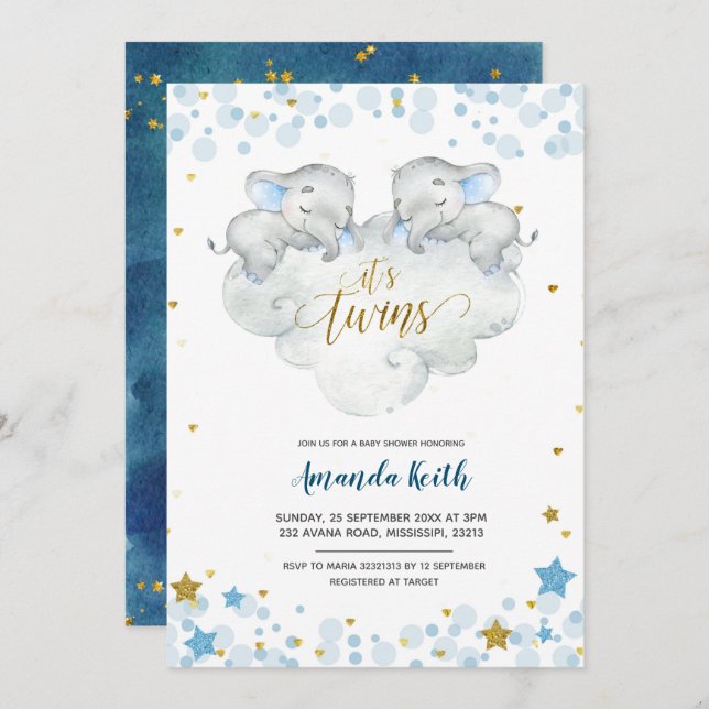Elephant It's Twins Baby Shower Invitation (Front/Back)