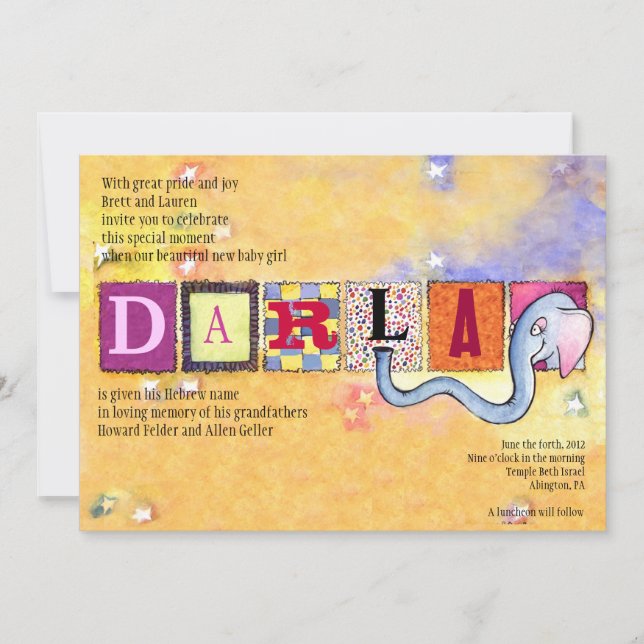 Elephant Jewish Baby Naming Invitation hebrew girl (Front)