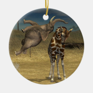 Elephant Jumps Over Giraffe Ceramic Ornament