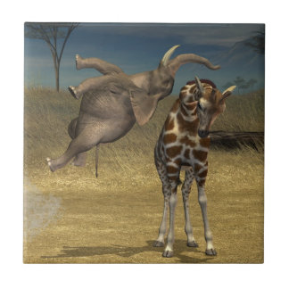 Elephant Jumps Over Giraffe Ceramic Tile