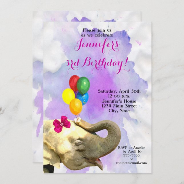 Elephant jungle animal neutral girl happy birthday invitation (Front/Back)