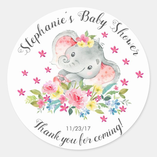 Elephant Jungle Animals Baby Girl Shower Favor Classic Round Sticker (Front)